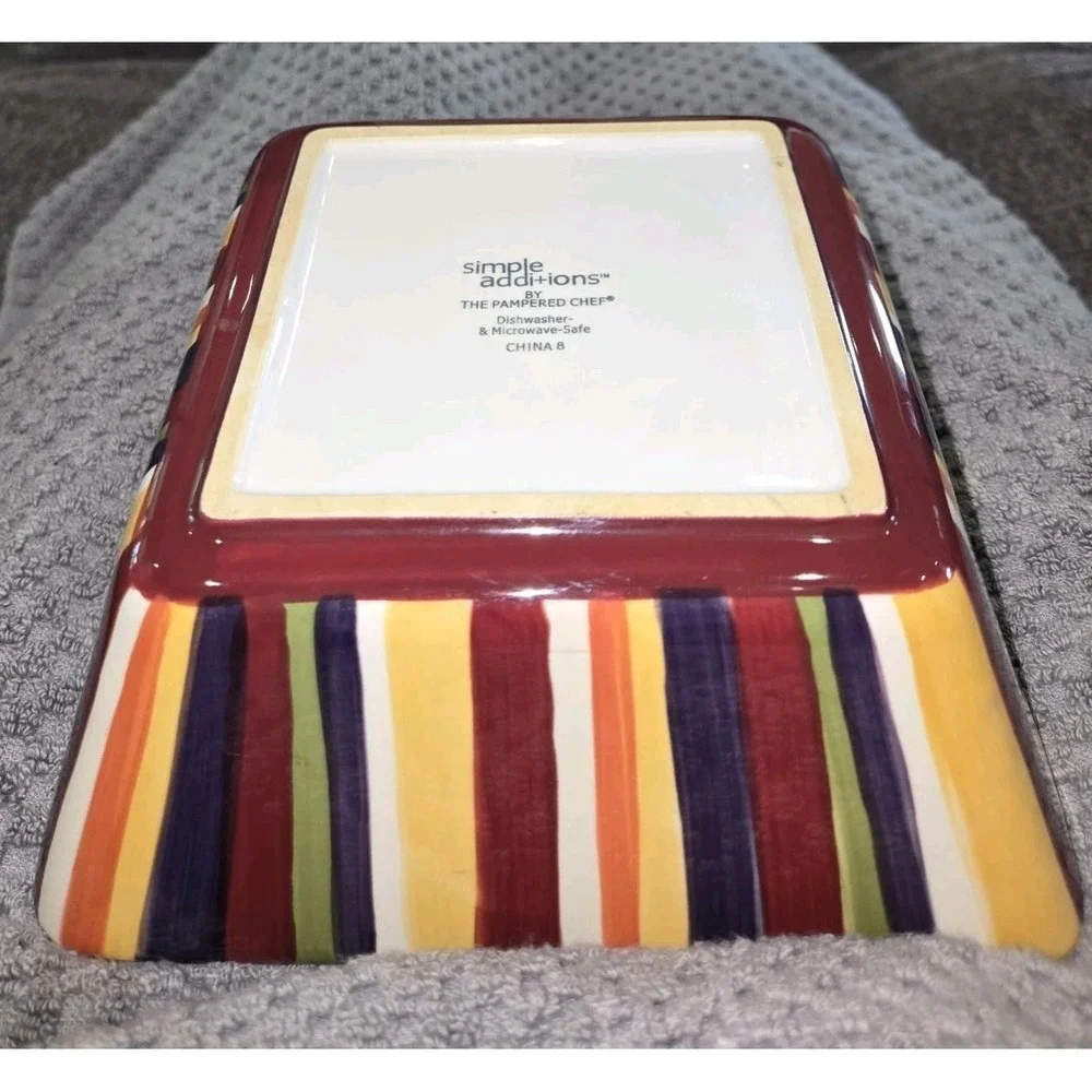 Pampered‎ Chef Simple Additions Square Striped Multicolor Ceramic Serving Bowl